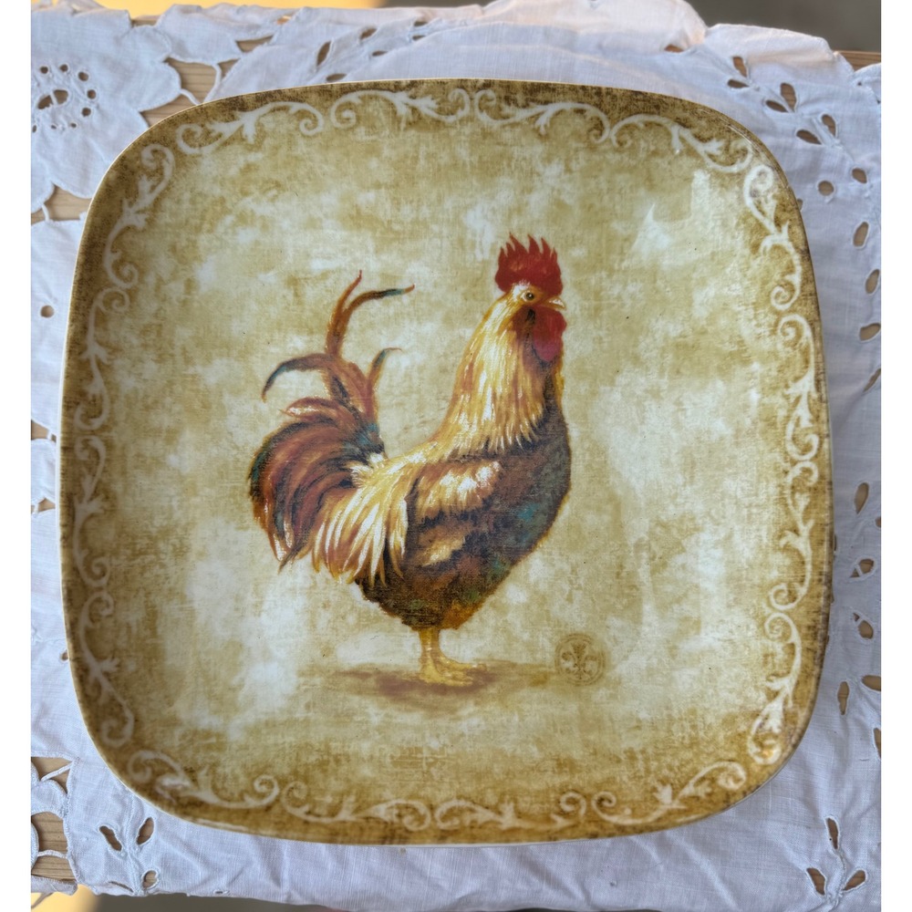 222 Fifth Rustic Rooster Square Salad‎ Plate Fine China Farmhouse Decor Shabby